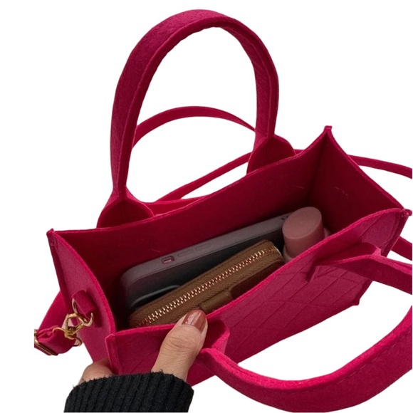 Neon Pink Felt Quilted Square Mini Crossbody Shoulder Bag Purse - Picture 5 of 8